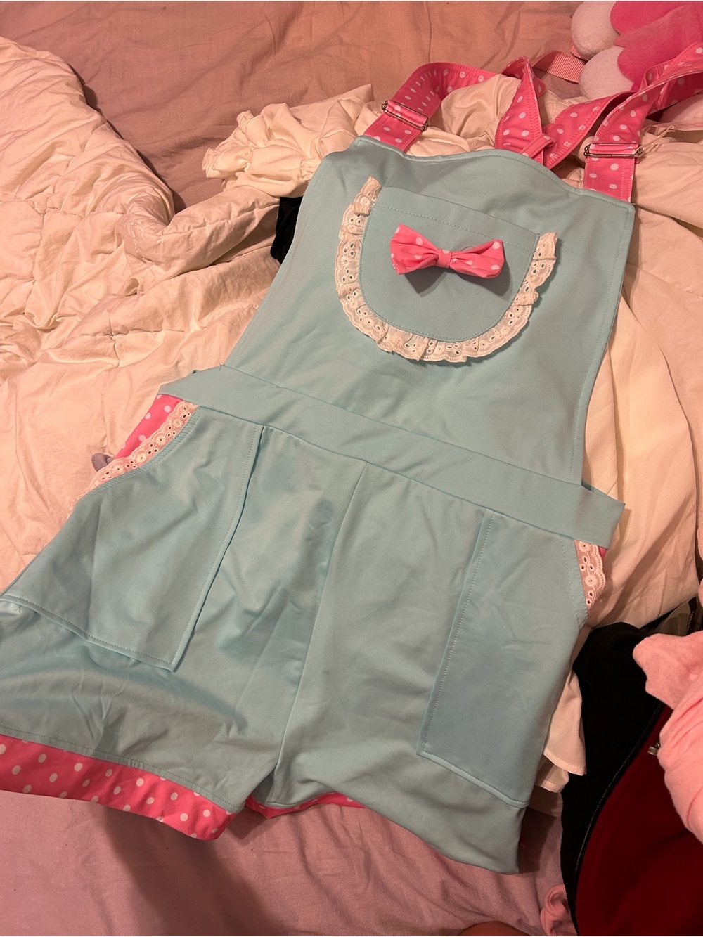 Light Blue & Pink Cotton-Blend Romper Overalls with Bow Accent